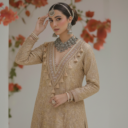 Dull Gold Jamawar Embroidered Kaftan