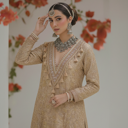 Dull Gold Jamawar Embroidered Kaftan