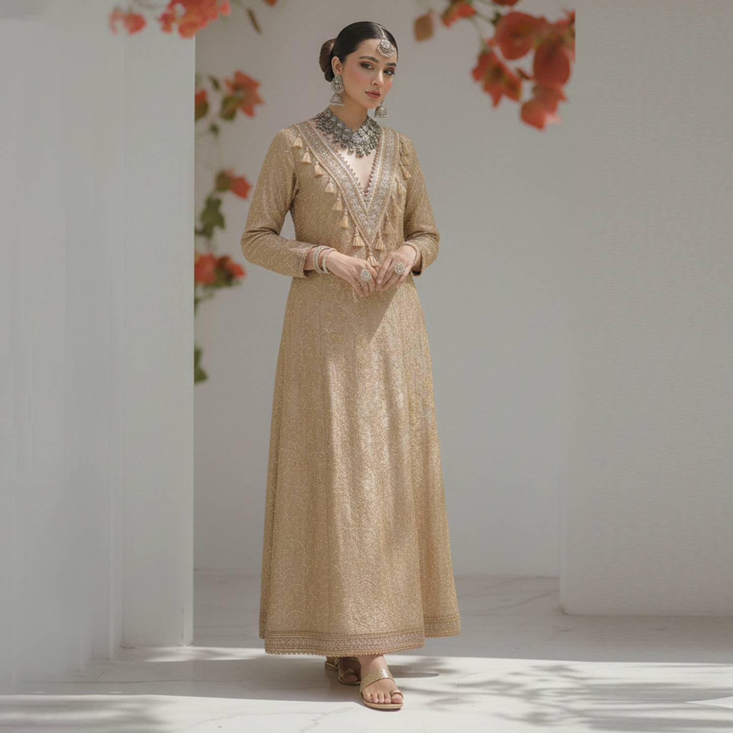 Dull Gold Jamawar Embroidered Kaftan