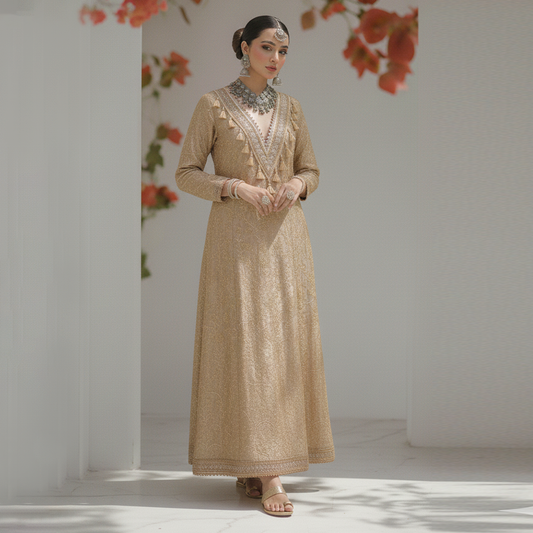 Dull Gold Jamawar Embroidered Kaftan
