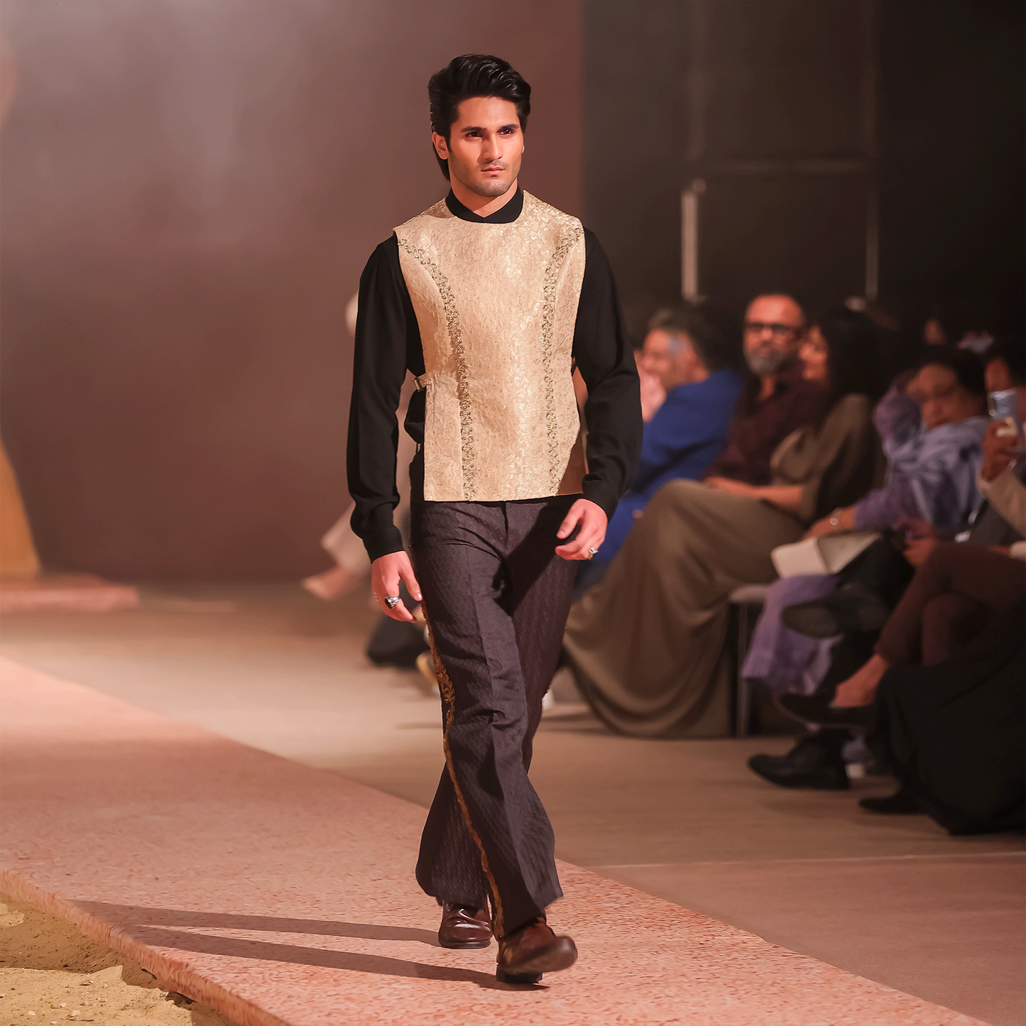 Dull Gold Jamawar Embroidered Waistcoat with Black Shirt and Textured Trousers