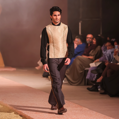 Dull Gold Jamawar Embroidered Waistcoat with Black Shirt and Textured Trousers