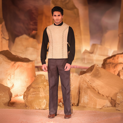 Dull Gold Jamawar Embroidered Waistcoat with Black Shirt and Textured Trousers