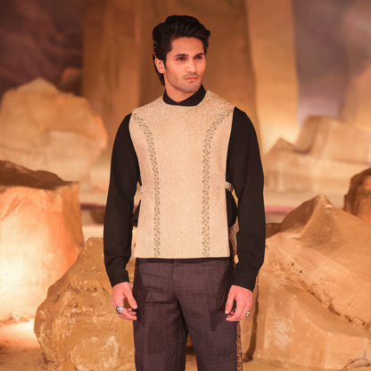 Dull Gold Jamawar Embroidered Waistcoat with Black Shirt and Textured Trousers
