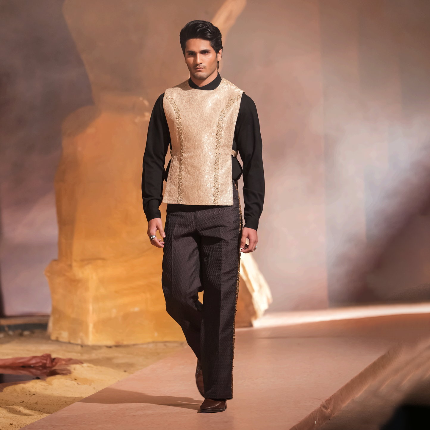 Dull Gold Jamawar Embroidered Waistcoat with Black Shirt and Textured Trousers