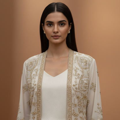 Dull Gold Long Jacket  3 Pc Dress