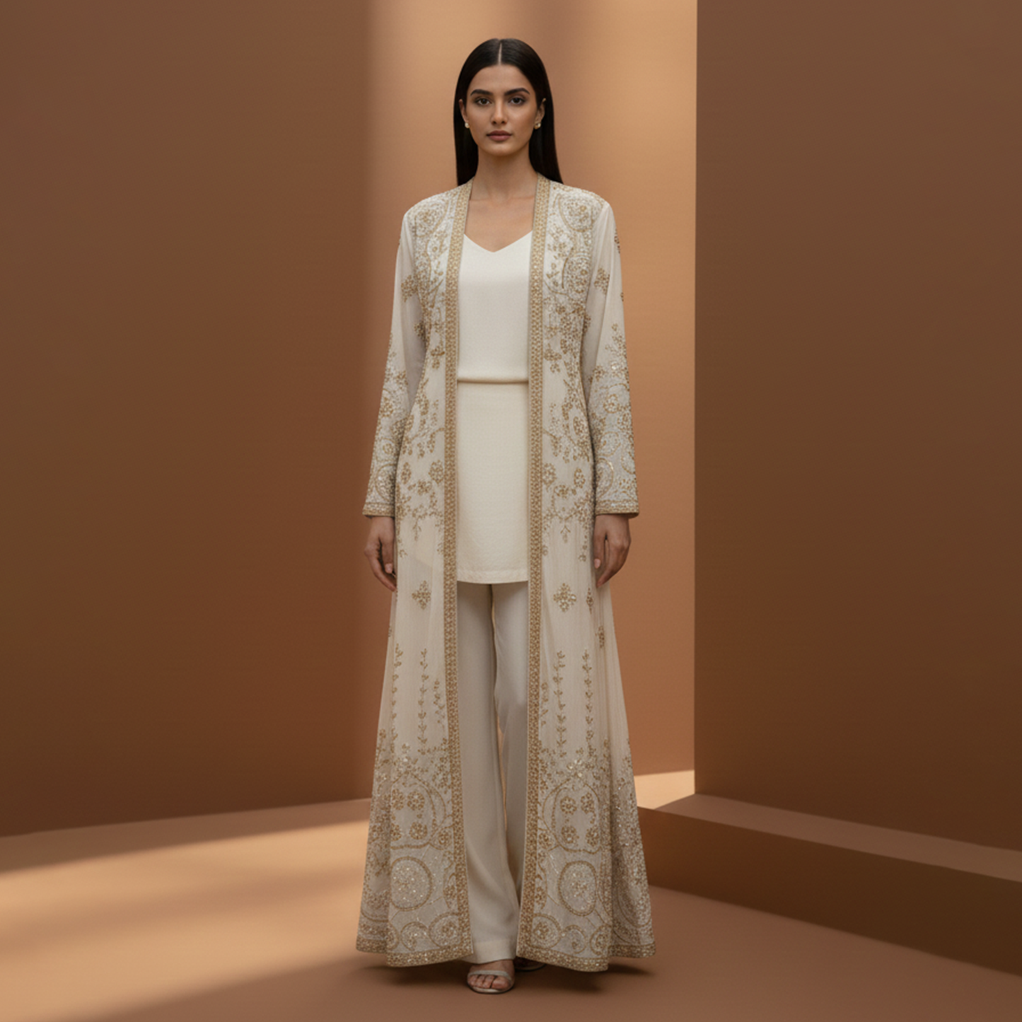 Dull Gold Long Jacket  3 Pc Dress