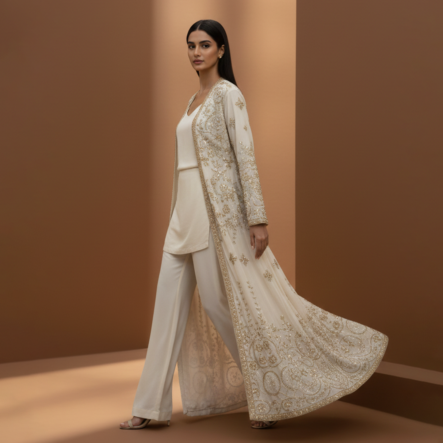 Dull Gold Long Jacket  3 Pc Dress