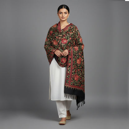 Embroidered Black Winter Shawl