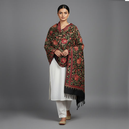 Embroidered Black Winter Shawl