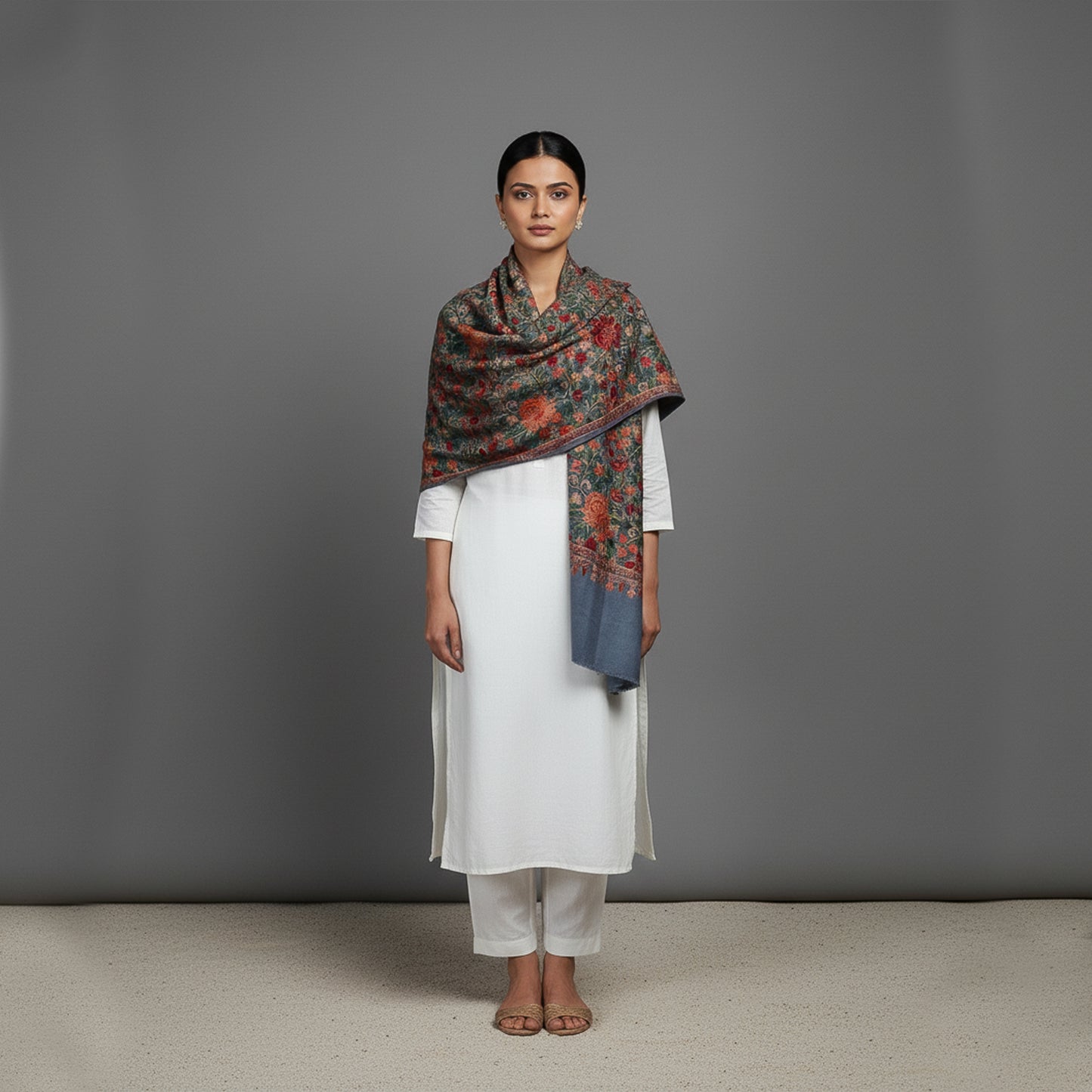 Embroidered Grey Winter Shawl