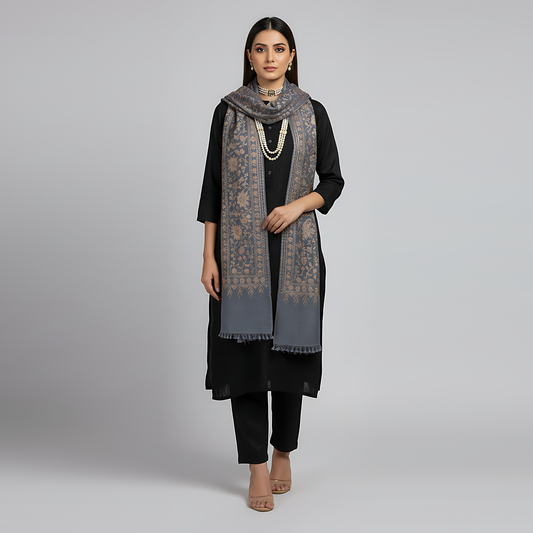Embroidered Grey Winter Shawl