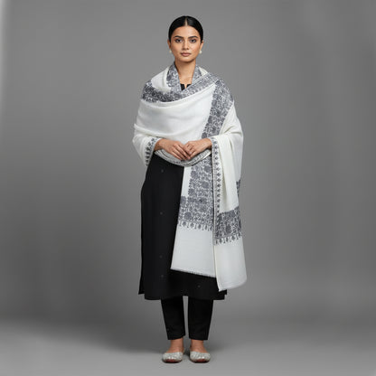 Embroidered Off White Winter Shawl