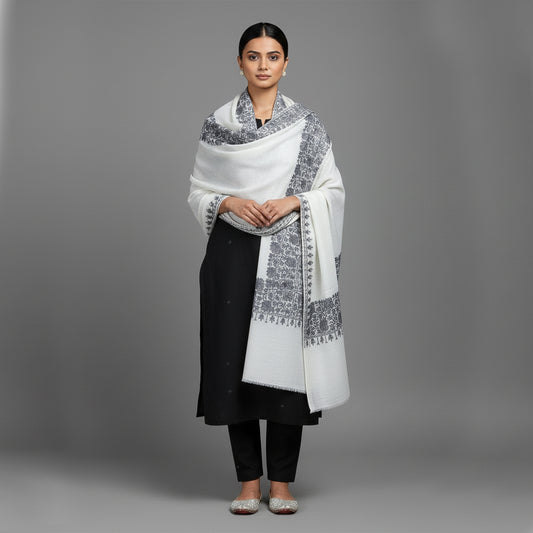 Embroidered Off White Winter Shawl