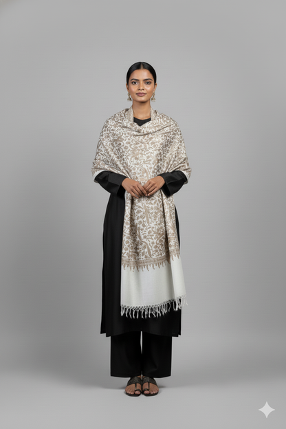 Embroidered Off White Winter Shawl