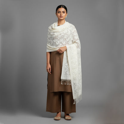 Embroidered White Winter Shawl