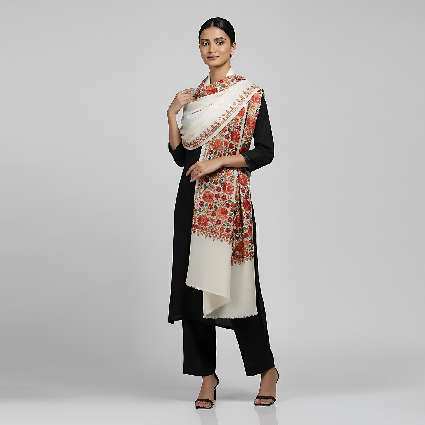 Embroidered White Winter Shawl