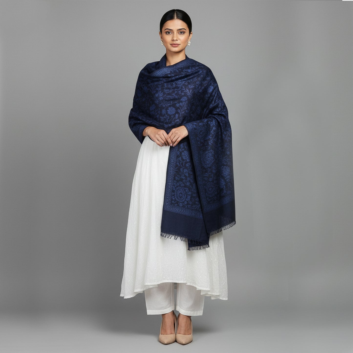 Embroidered Blue Winter Shawl