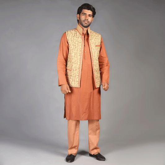 Premium Jamawar Rust Waistcoat