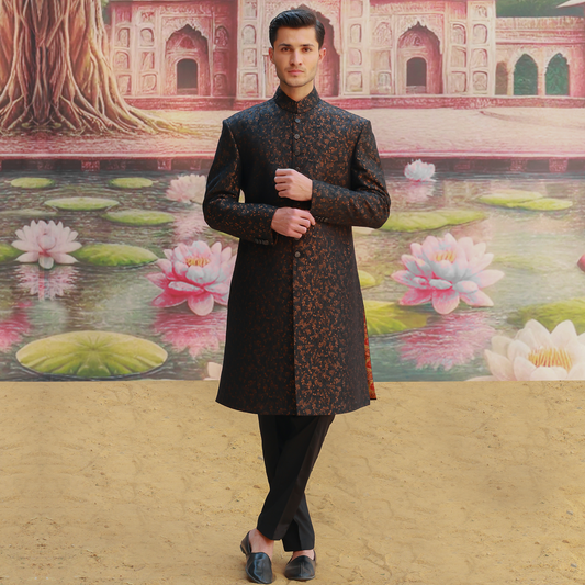 Premium Zari Karandi Jamawar Copper Black Couture Sherwani