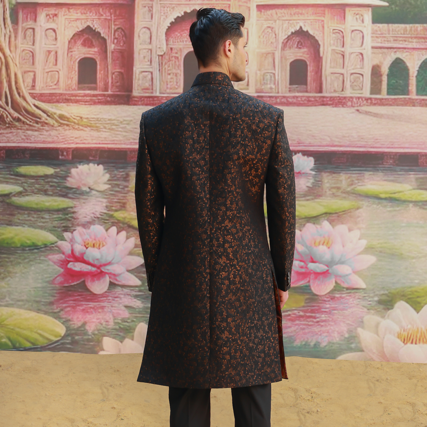 Premium Zari Karandi Jamawar Copper Black Couture Sherwani