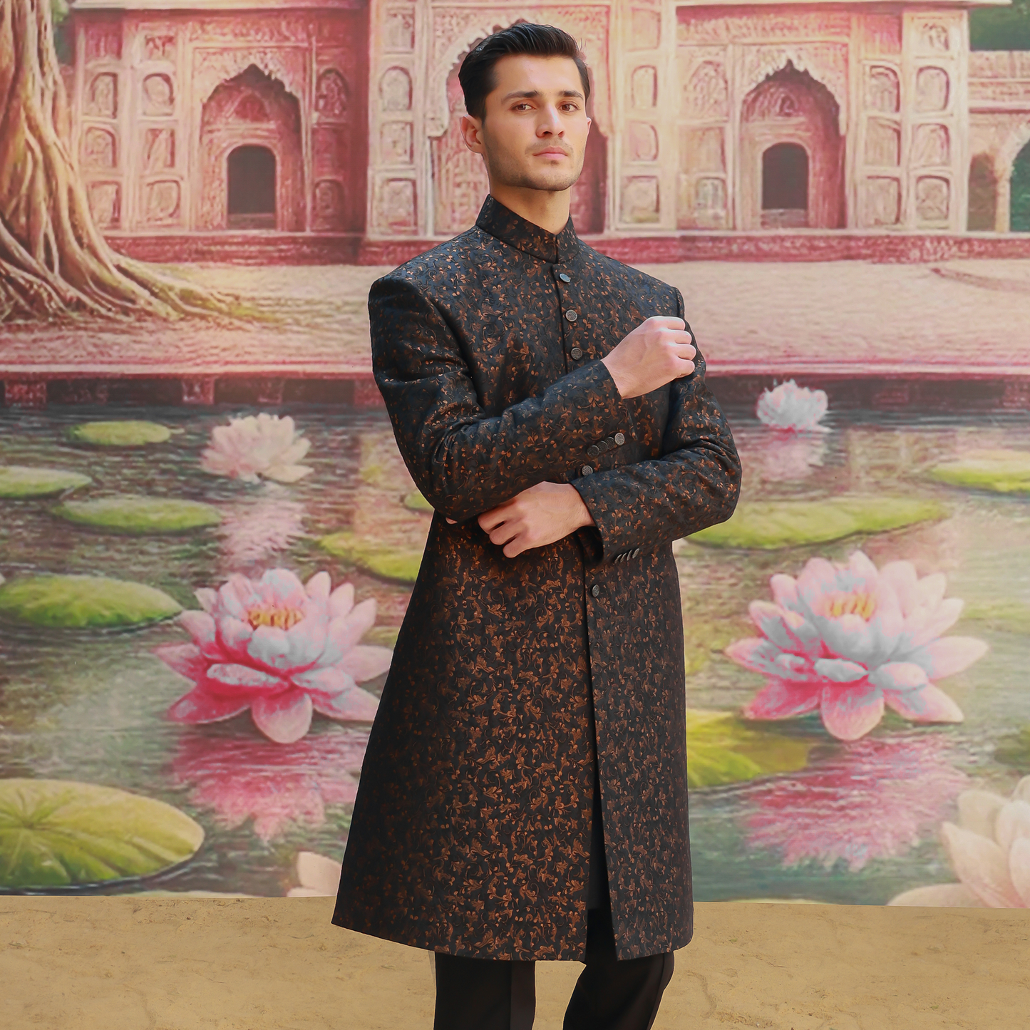 Premium Zari Karandi Jamawar Copper Black Couture Sherwani