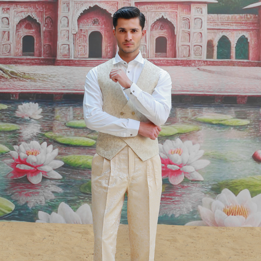 Zari Karandi Jamawar Creme Brulee V-Neck Waistcoat