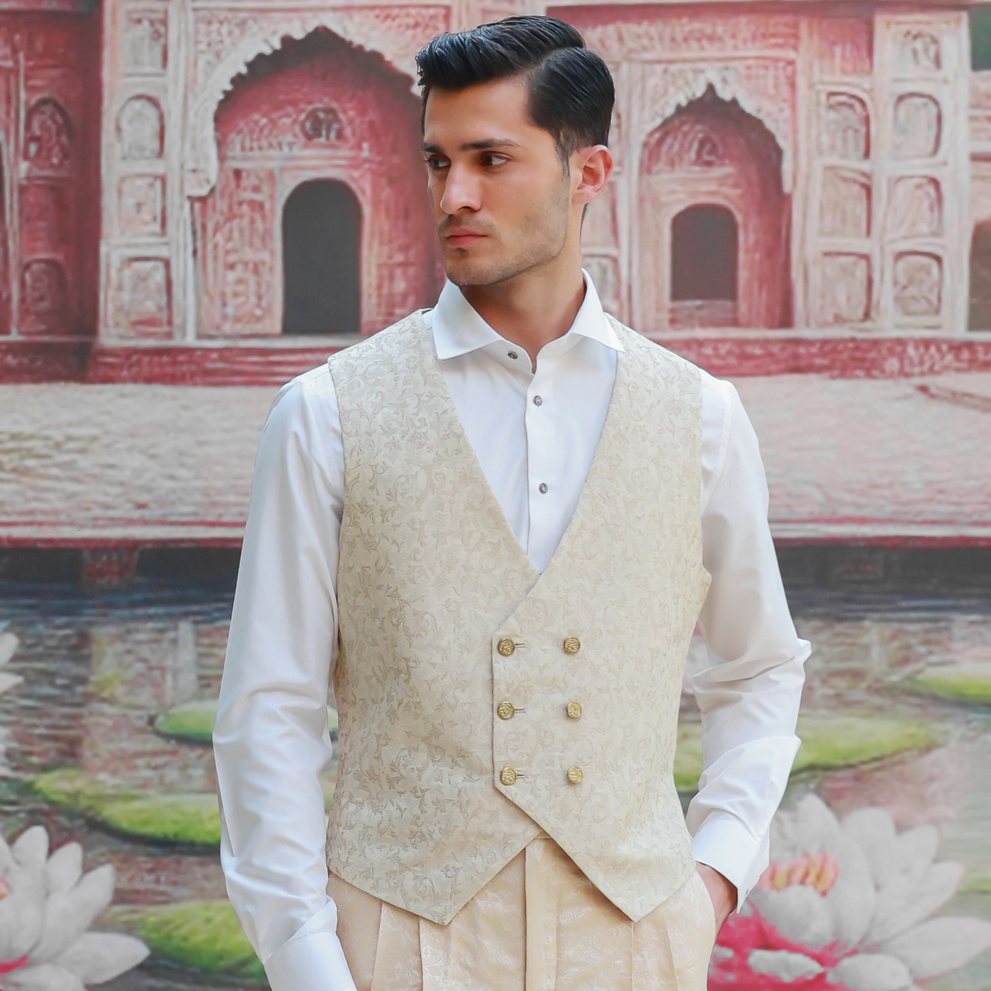 Zari Karandi Jamawar Creme Brulee V-Neck Waistcoat