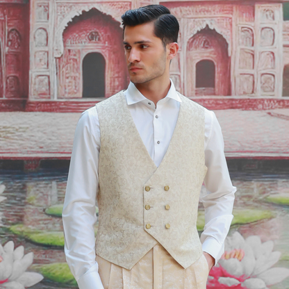 Zari Karandi Jamawar Creme Brulee V-Neck Waistcoat