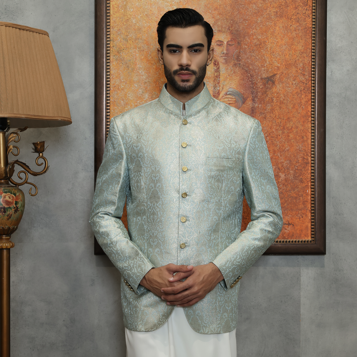 Premium Jamawar Pastel Blue Jacket