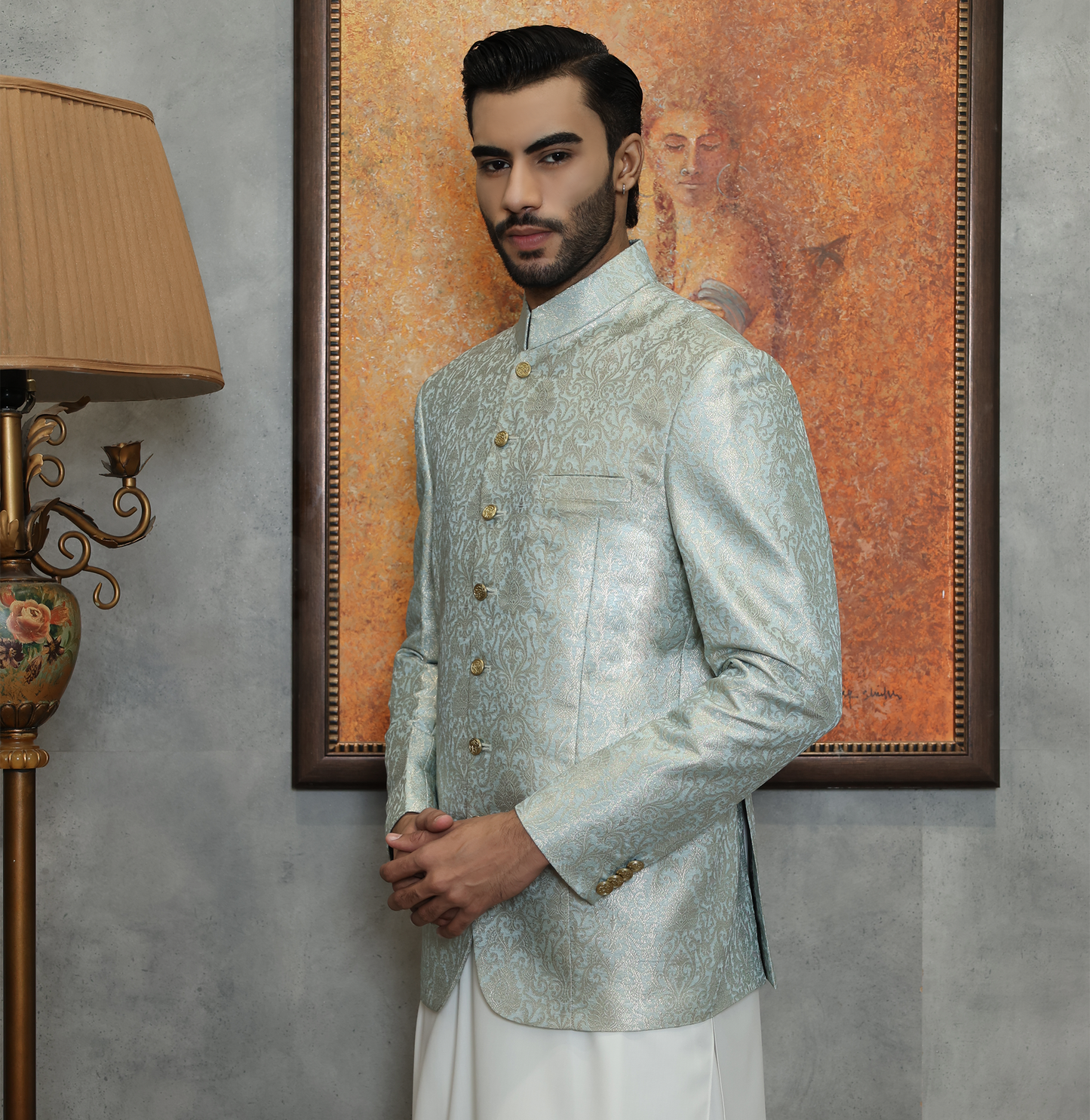Premium Jamawar Pastel Blue Jacket