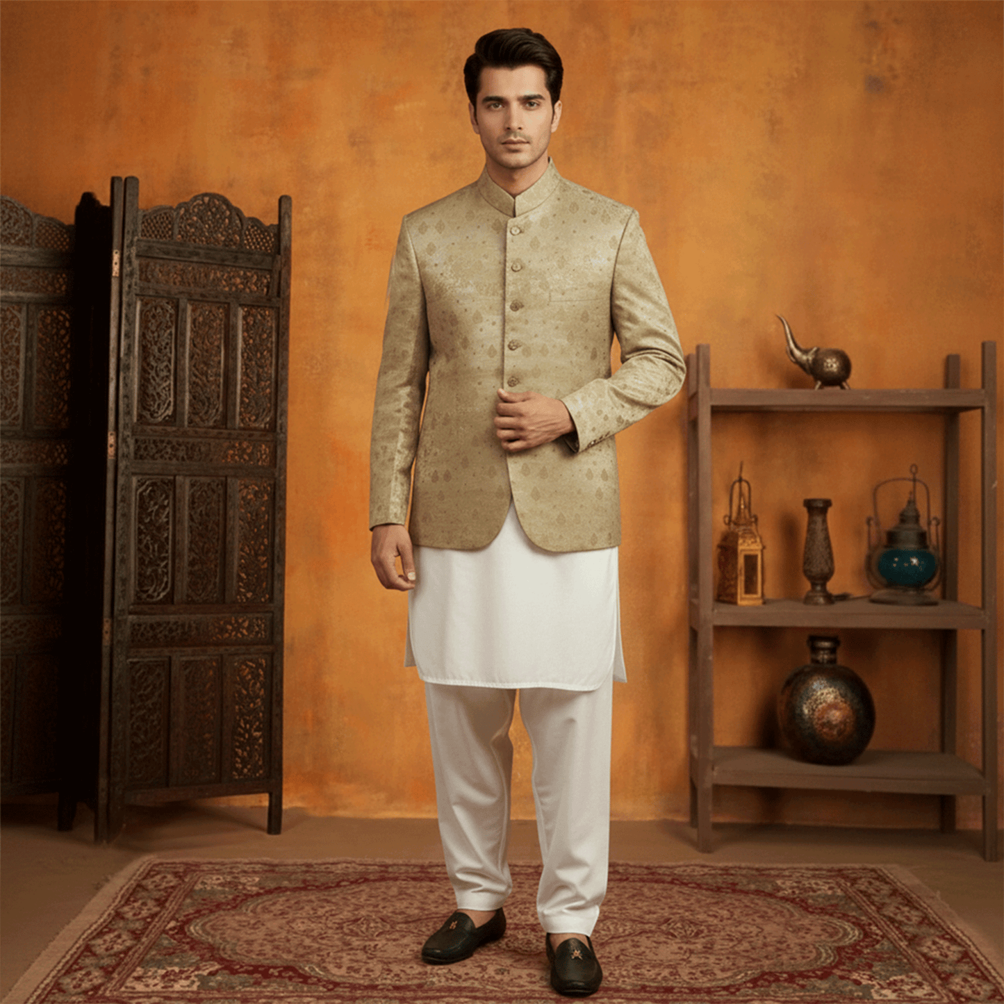 Premium Viscose Jamawar Gold Jacket