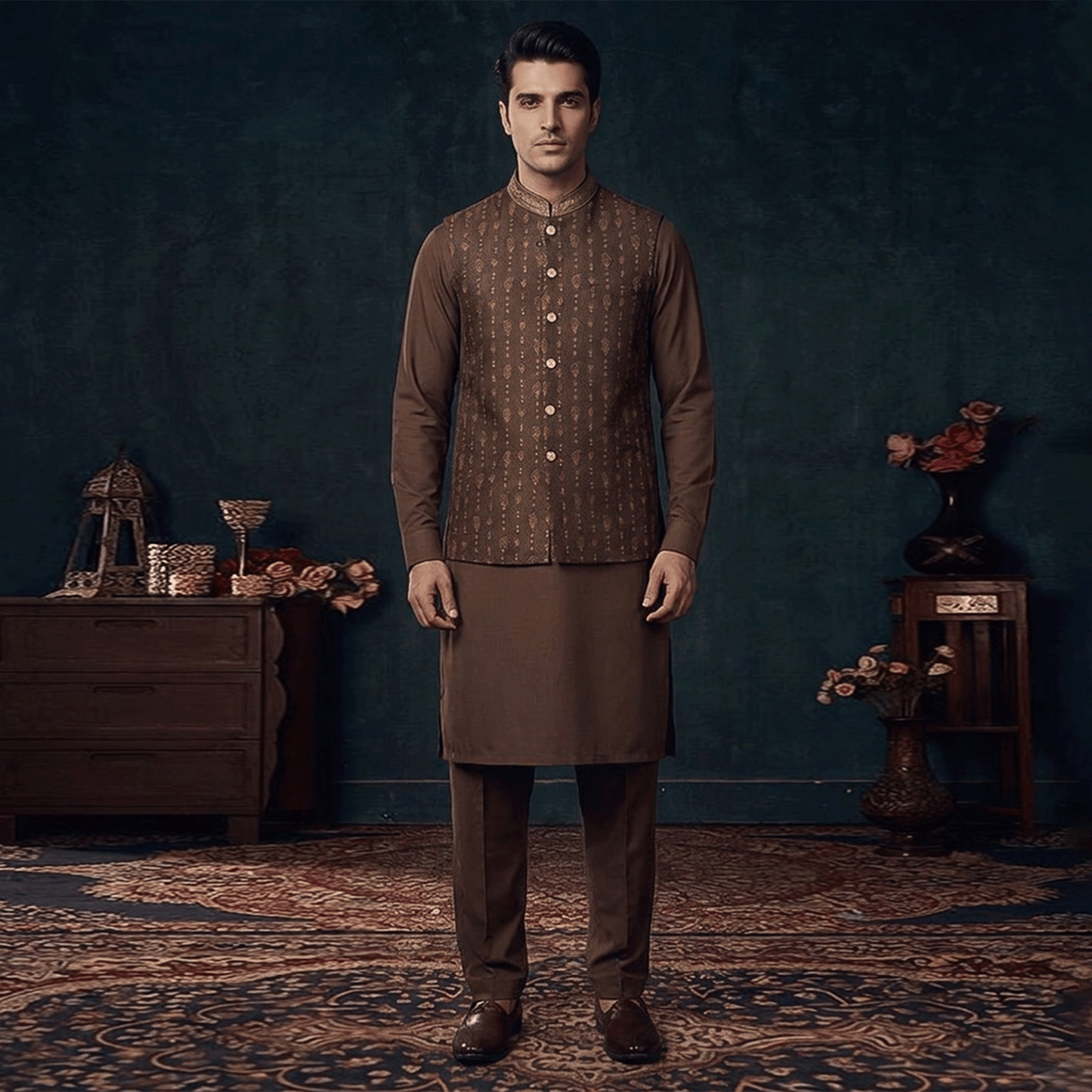 Premium Jamawar Rust Traditional Waistcoat