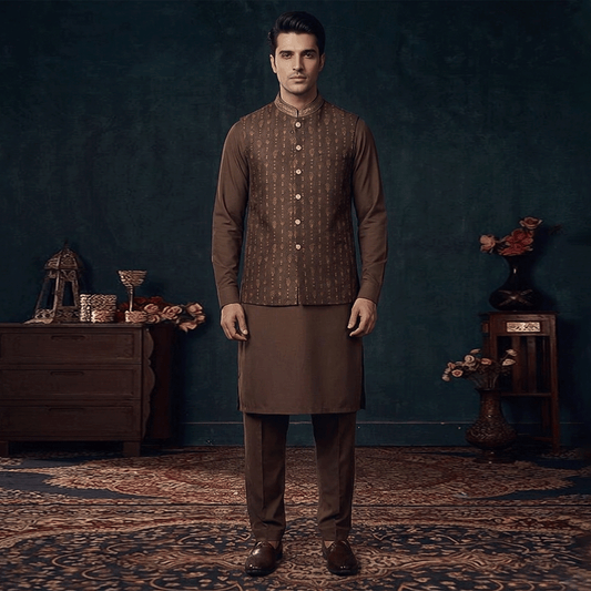 Premium Jamawar Rust Traditional Waistcoat