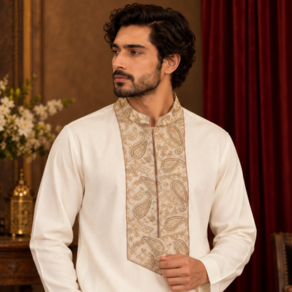Festive Cream Emb Kurta Pajama