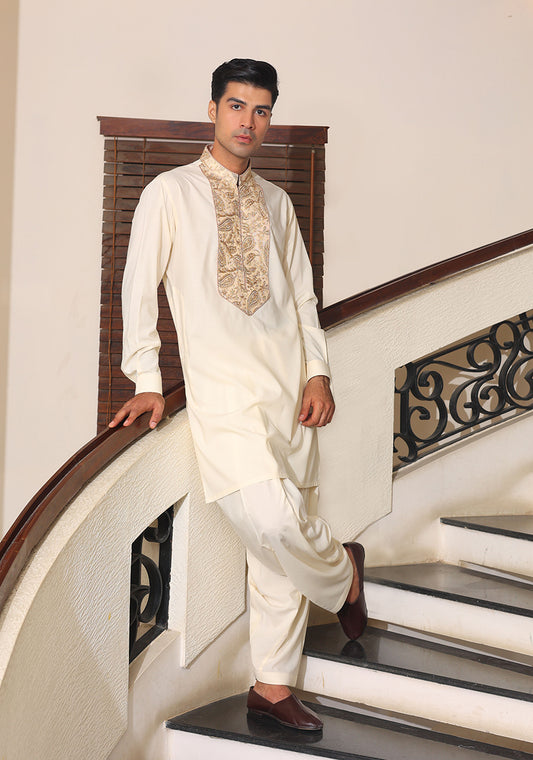 Festive Cream Emb Kurta Pajama