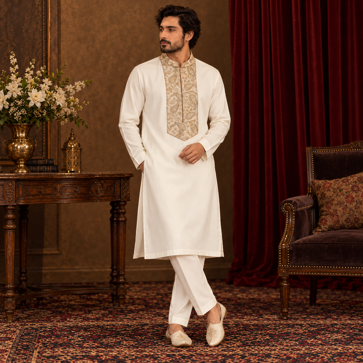 Festive Cream Emb Kurta Pajama