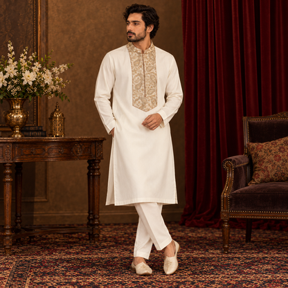 Festive Cream Emb Kurta Pajama