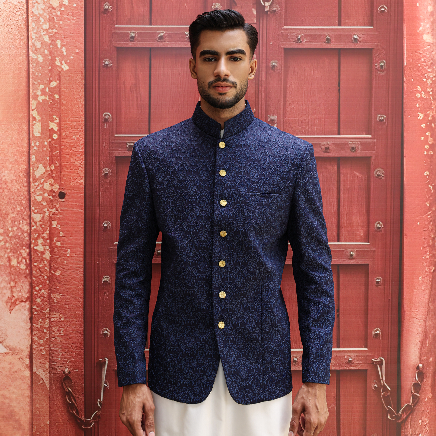 Premium Satin Silk Navy Blazer Embroidered Jacket