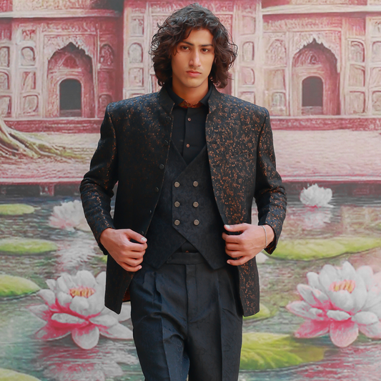 Zari Karandi Jamawar Tap Shoe V-Neck Waistcoat