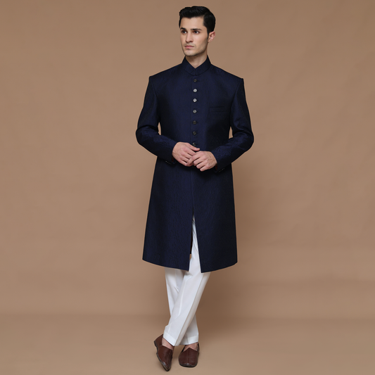 ZARI JAMAWAR NAVY SHERWANI