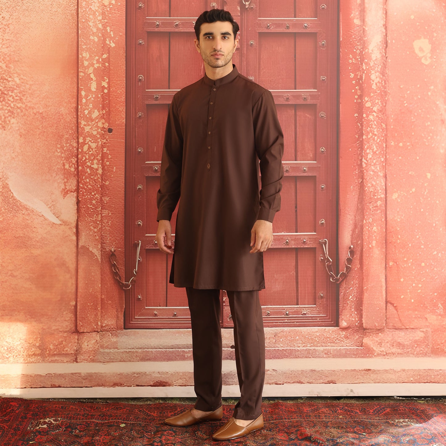 Poly Viscose Dark  Brown Slim Fit Plain Suit
