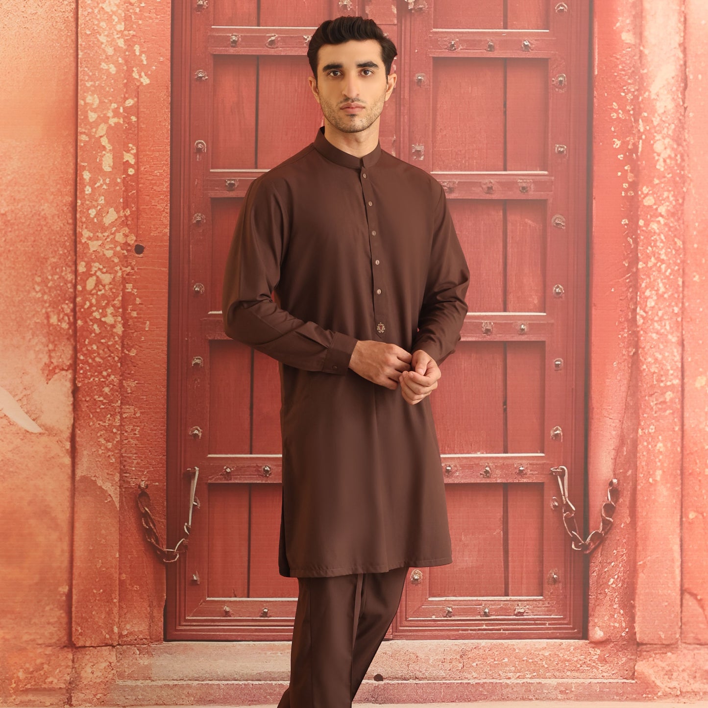 Poly Viscose Dark  Brown Slim Fit Plain Suit