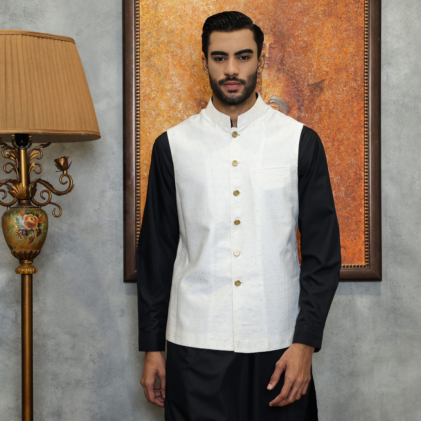 Premium Tanchoi White Traditional Waistcoat
