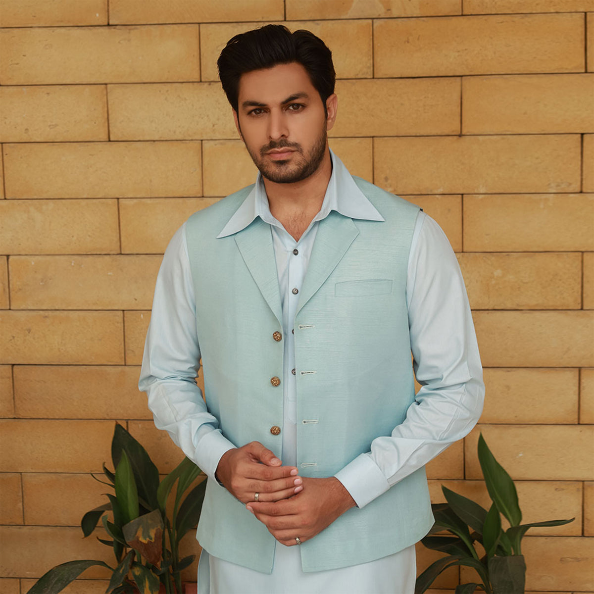 Raw Silk Baby Blue Traditional Waistcoat