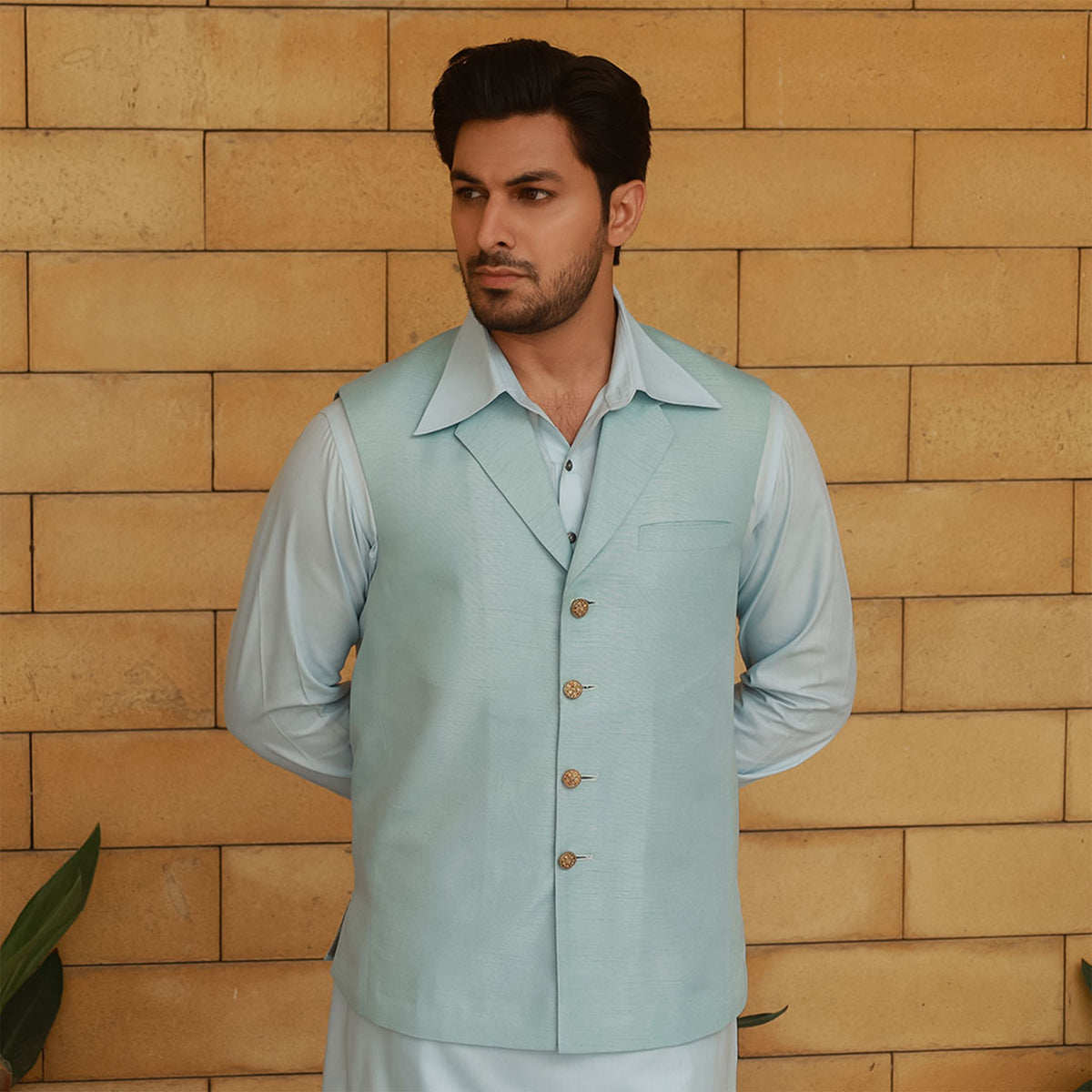 Raw Silk Baby Blue Traditional Waistcoat