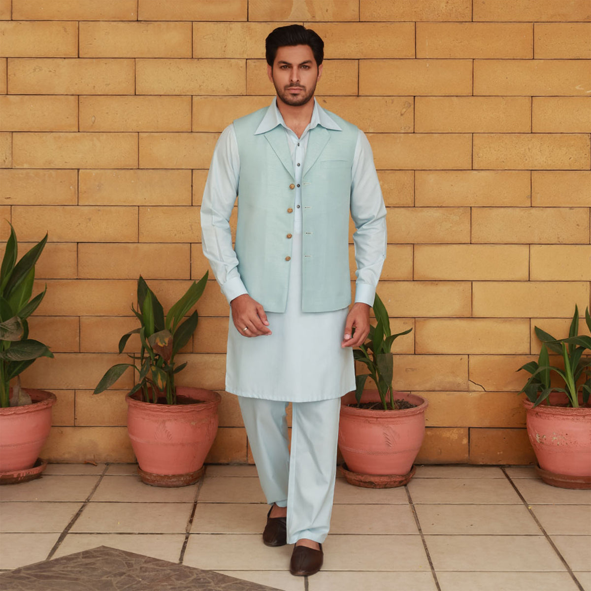 Raw Silk Baby Blue Traditional Waistcoat