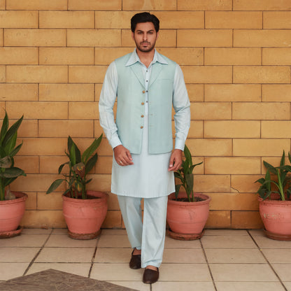 Raw Silk Baby Blue Traditional Waistcoat