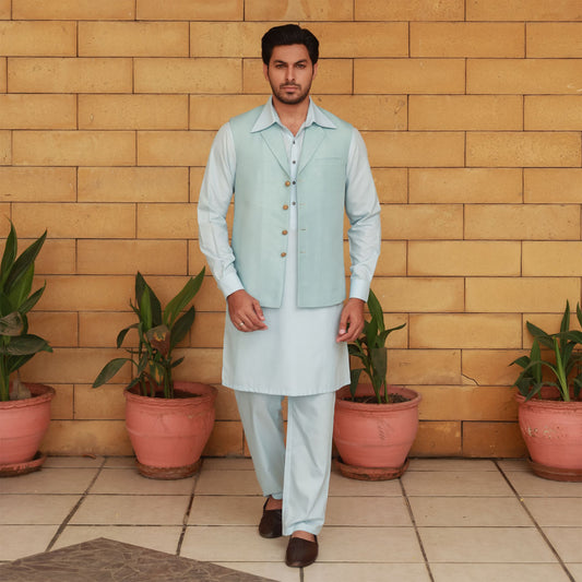 Raw Silk Baby Blue Traditional Waistcoat