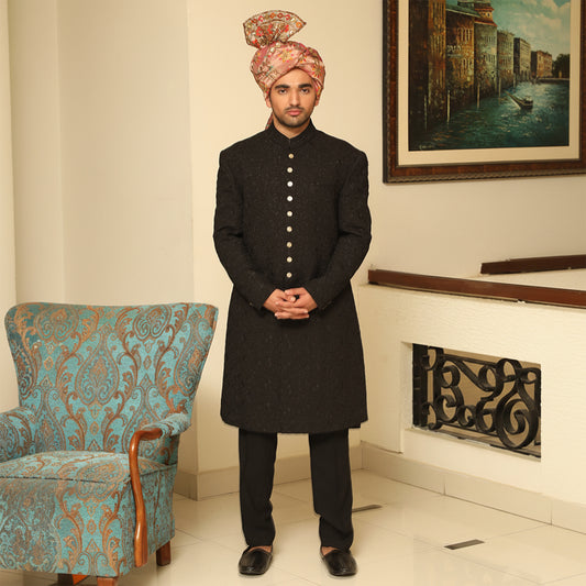 Georgette Pirate Black Traditional Sherwani